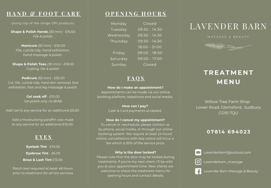 Lavender Barn treatment menu page 2