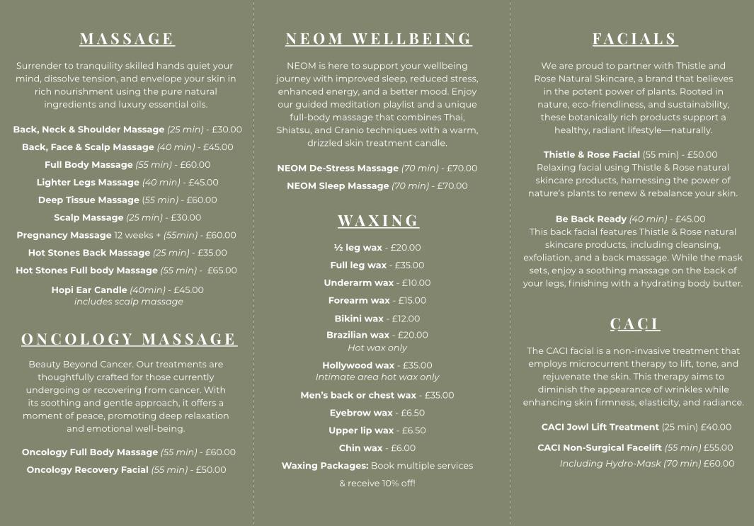 Lavender Barn treatment menu page 1